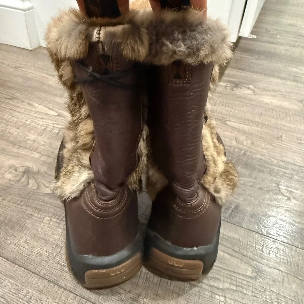 Ulu Womens Brown Leather Rabbit Fur Winter Snow Boots Size 8.5